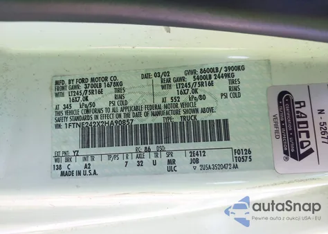 2002 Ford Econoline Commercial z USA, uszkodzony, nr VIN 1FTNE242X2HA90857